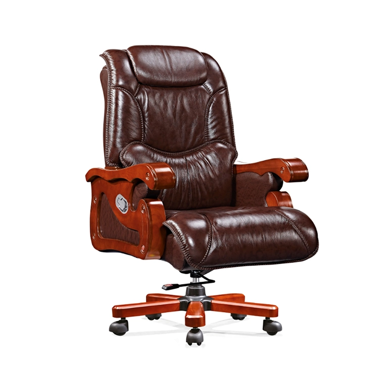 Luxury High Back PU Boss Manager Executive Vintage Over Sized Brown Office Faux Reclining Desk Wooden Office Swivel Reclining Genuine Leather Chairs